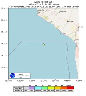 Mapa de aceleración teórica del sismo de magnitud 3.8 a 90 km al S de Ilo, Ilo - Moquegua, Perú