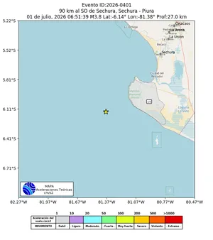 Mapa de aceleración teórica del sismo de magnitud 3.8 a 90 km al SO de Sechura, Sechura - Piura, Perú