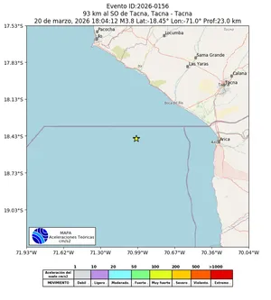 Mapa de aceleración teórica del sismo de magnitud 3.8 a 93 km al SO de Tacna, Tacna - Tacna, Perú