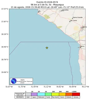 Mapa de aceleración teórica del sismo de magnitud 3.8 a 96 km al S de Ilo, Ilo - Moquegua, Perú