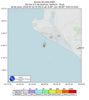 Mapa de aceleración teórica del sismo de magnitud 3.9 a 103 km al S de Sechura, Sechura - Piura, Perú
