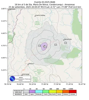 Mapa de aceleración teórica del sismo de magnitud 3.9 a 16 km al S de Sta. Maria De Nieva, Condorcanqui - Amazonas, Perú