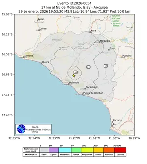Mapa de aceleración teórica del sismo de magnitud 3.9 a 17 km al NE de Mollendo, Islay - Arequipa, Perú