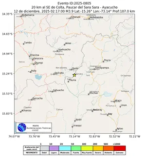 Mapa de aceleración teórica del sismo de magnitud 3.9 a 20 km al SE de Colta, Paucar del Sara Sara - Ayacucho, Perú