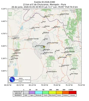 Mapa de aceleración teórica del sismo de magnitud 3.9 a 23 km al E de Chulucanas, Morropón - Piura, Perú