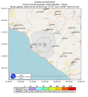 Mapa de aceleración teórica del sismo de magnitud 3.9 a 23 km al O de Locumba, Jorge Basadre - Tacna, Perú