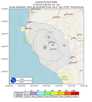 Mapa de aceleración teórica del sismo de magnitud 3.9 a 27 km al S de Ica, Ica - Ica, Perú