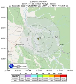 Mapa de aceleración teórica del sismo de magnitud 3.9 a 29 km al SE de Atalaya, Atalaya - Ucayali, Perú