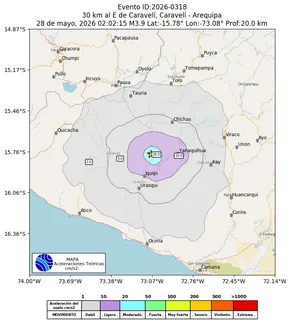 Mapa de aceleración teórica del sismo de magnitud 3.9 a 30 km al E de Caravelí, Caravelí - Arequipa, Perú