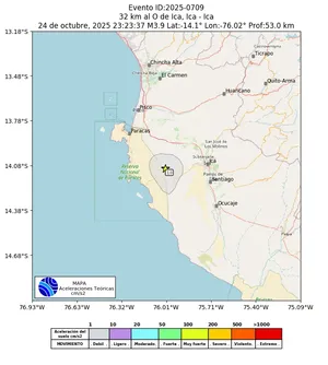Mapa de aceleración teórica del sismo de magnitud 3.9 a 32 km al O de Ica, Ica - Ica, Perú