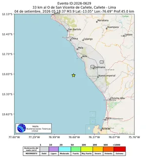Mapa de aceleración teórica del sismo de magnitud 3.9 a 33 km al O de San Vicente de Cañete, Cañete - Lima, Perú