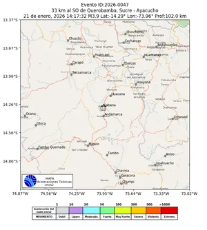Mapa de aceleración teórica del sismo de magnitud 3.9 a 33 km al SO de Querobamba, Sucre - Ayacucho, Perú