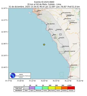 Mapa de aceleración teórica del sismo de magnitud 3.9 a 35 km al SO de Mala, Cañete - Lima, Perú