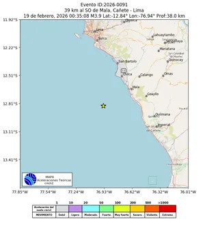 Mapa de aceleración teórica del sismo de magnitud 3.9 a 39 km al SO de Mala, Cañete - Lima, Perú