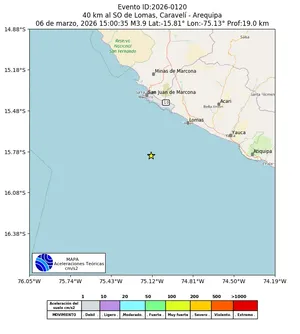 Mapa de aceleración teórica del sismo de magnitud 3.9 a 40 km al SO de Lomas, Caravelí - Arequipa, Perú