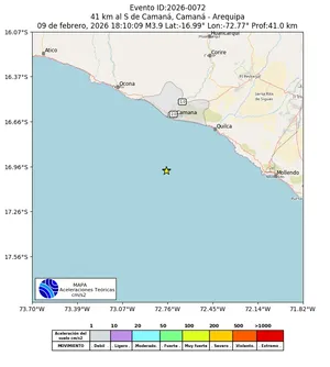 Mapa de aceleración teórica del sismo de magnitud 3.9 a 41 km al S de Camaná, Camaná - Arequipa, Perú