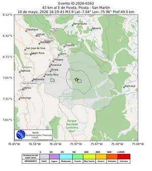 Mapa de aceleración teórica del sismo de magnitud 3.9 a 43 km al E de Picota, Picota - San Martín, Perú