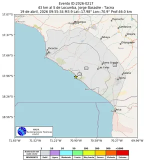 Mapa de aceleración teórica del sismo de magnitud 3.9 a 43 km al S de Locumba, Jorge Basadre - Tacna, Perú
