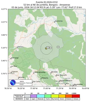 Mapa de aceleración teórica del sismo de magnitud 3.9 a 52 km al NE de Jumbilla, Bongara - Amazonas, Perú