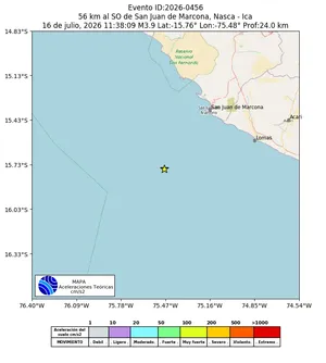 Mapa de aceleración teórica del sismo de magnitud 3.9 a 56 km al SO de San Juan de Marcona, Nasca - Ica, Perú