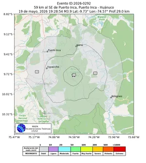 Mapa de aceleración teórica del sismo de magnitud 3.9 a 59 km al SE de Puerto Inca, Puerto Inca - Huánuco, Perú
