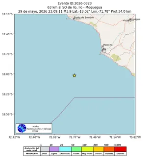 Mapa de aceleración teórica del sismo de magnitud 3.9 a 63 km al SO de Ilo, Ilo - Moquegua, Perú