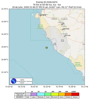 Mapa de aceleración teórica del sismo de magnitud 3.9 a 74 km al SO de Ica, Ica - Ica, Perú