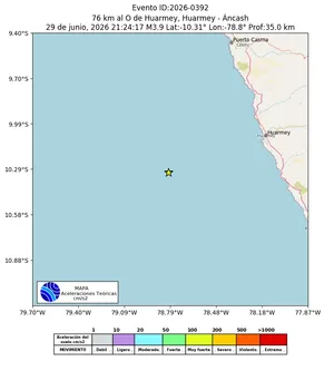 Mapa de aceleración teórica del sismo de magnitud 3.9 a 76 km al O de Huarmey, Huarmey - Áncash, Perú