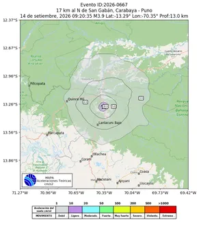 Mapa de aceleración teórica del sismo de magnitud 3.9 a 17 km al N de San Gabán, Carabaya - Puno, Perú