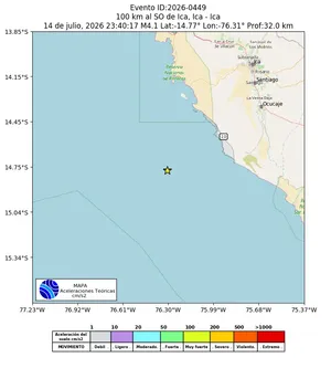 Mapa de aceleración teórica del sismo de magnitud 4.1 a 100 km al SO de Ica, Ica - Ica, Perú