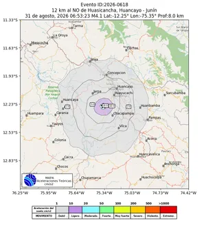 Mapa de aceleración teórica del sismo de magnitud 4.1 a 12 km al NO de Huasicancha, Huancayo - Junín, Perú