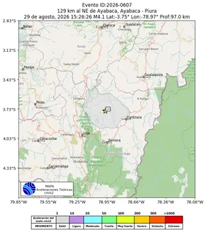 Mapa de aceleración teórica del sismo de magnitud 4.1 a 129 km al NE de Ayabaca, Ayabaca - Piura, Perú