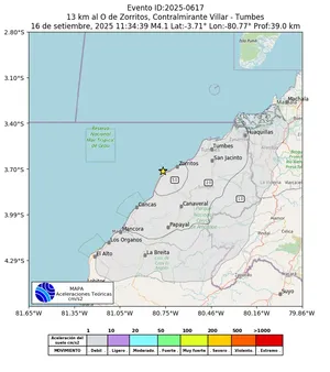Mapa de aceleración teórica del sismo de magnitud 4.1 a 13 km al O de Zorritos, Contralmirante Villar - Tumbes, Perú