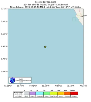Mapa de aceleración teórica del sismo de magnitud 4.1 a 134 km al O de Trujillo, Trujillo - La Libertad, Perú