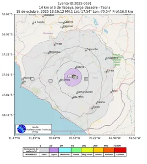 Mapa de aceleración teórica del sismo de magnitud 4.1 a 14 km al S de Ilabaya, Jorge Basadre - Tacna, Perú