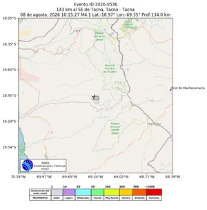 Mapa de aceleración teórica del sismo de magnitud 4.1 a 143 km al SE de Tacna, Tacna - Tacna, Perú