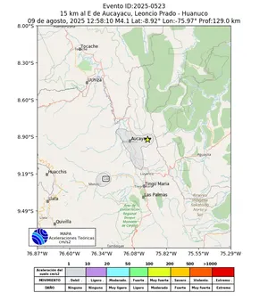 Mapa de aceleración teórica del sismo de magnitud 4.1 a 15 km al E de Aucayacu, Leoncio Prado - Huanuco, Perú