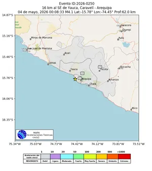 Mapa de aceleración teórica del sismo de magnitud 4.1 a 16 km al SE de Yauca, Caravelí - Arequipa, Perú