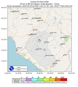 Mapa de aceleración teórica del sismo de magnitud 4.1 a 18 km al NO de Ilabaya, Jorge Basadre - Tacna, Perú