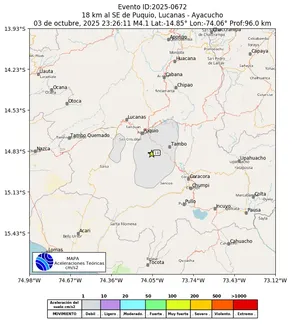 Mapa de aceleración teórica del sismo de magnitud 4.1 a 18 km al SE de Puquio, Lucanas - Ayacucho, Perú