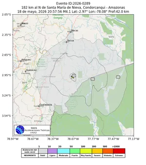 Mapa de aceleración teórica del sismo de magnitud 4.1 a 182 km al N de Santa María de Nieva, Condorcanqui - Amazonas, Perú