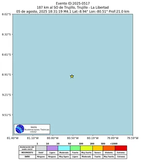 Mapa de aceleración teórica del sismo de magnitud 4.1 a 187 km al SO de Trujillo, Trujillo - La Libertad, Perú
