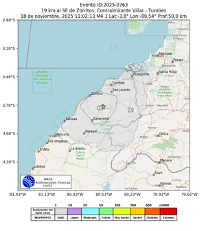 Mapa de aceleración teórica del sismo de magnitud 4.1 a 19 km al SE de Zorritos, Contralmirante Villar - Tumbes, Perú