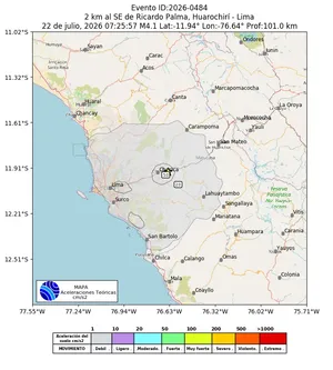 Mapa de aceleración teórica del sismo de magnitud 4.1 a 2 km al SE de Ricardo Palma, Huarochirí - Lima, Perú