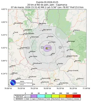 Mapa de aceleración teórica del sismo de magnitud 4.1 a 20 km al NO de Jaén, Jaén - Cajamarca, Perú