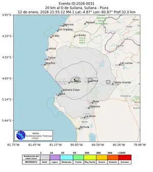 Mapa de aceleración teórica del sismo de magnitud 4.1 a 20 km al O de Sullana, Sullana - Piura, Perú
