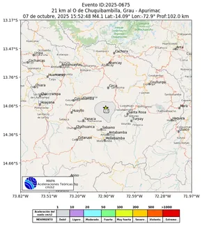 Mapa de aceleración teórica del sismo de magnitud 4.1 a 21 km al O de Chuquibambilla, Grau - Apurimac, Perú