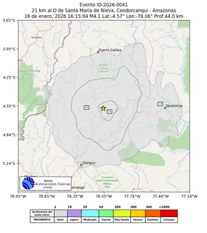 Mapa de aceleración teórica del sismo de magnitud 4.1 a 21 km al O de Santa María de Nieva, Condorcanqui - Amazonas, Perú