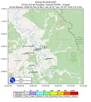 Mapa de aceleración teórica del sismo de magnitud 4.1 a 23 km al E de Pucallpa, Coronel Portillo - Ucayali, Perú