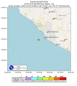 Mapa de aceleración teórica del sismo de magnitud 4.1 a 23 km al O de Marcona, Nasca - Ica, Perú